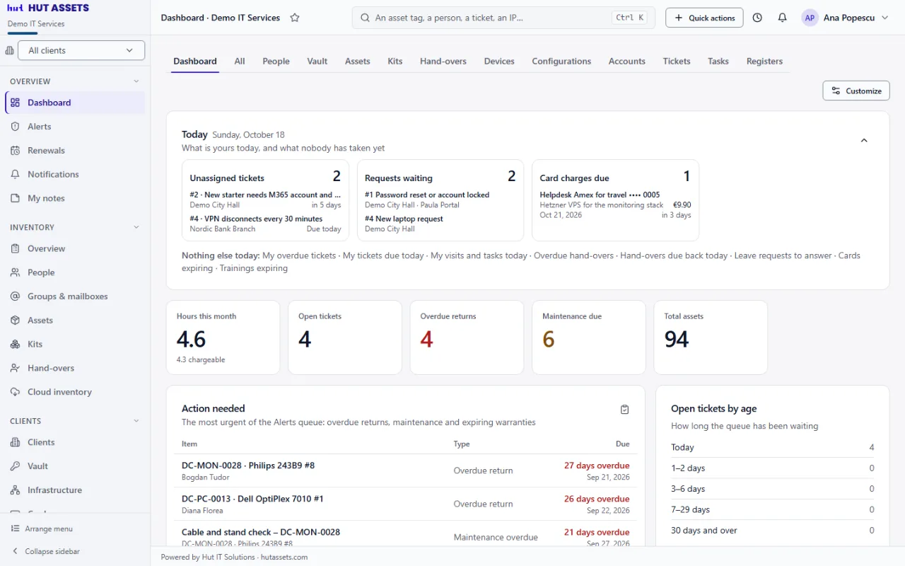 Dashboard: the screen, in the demo business